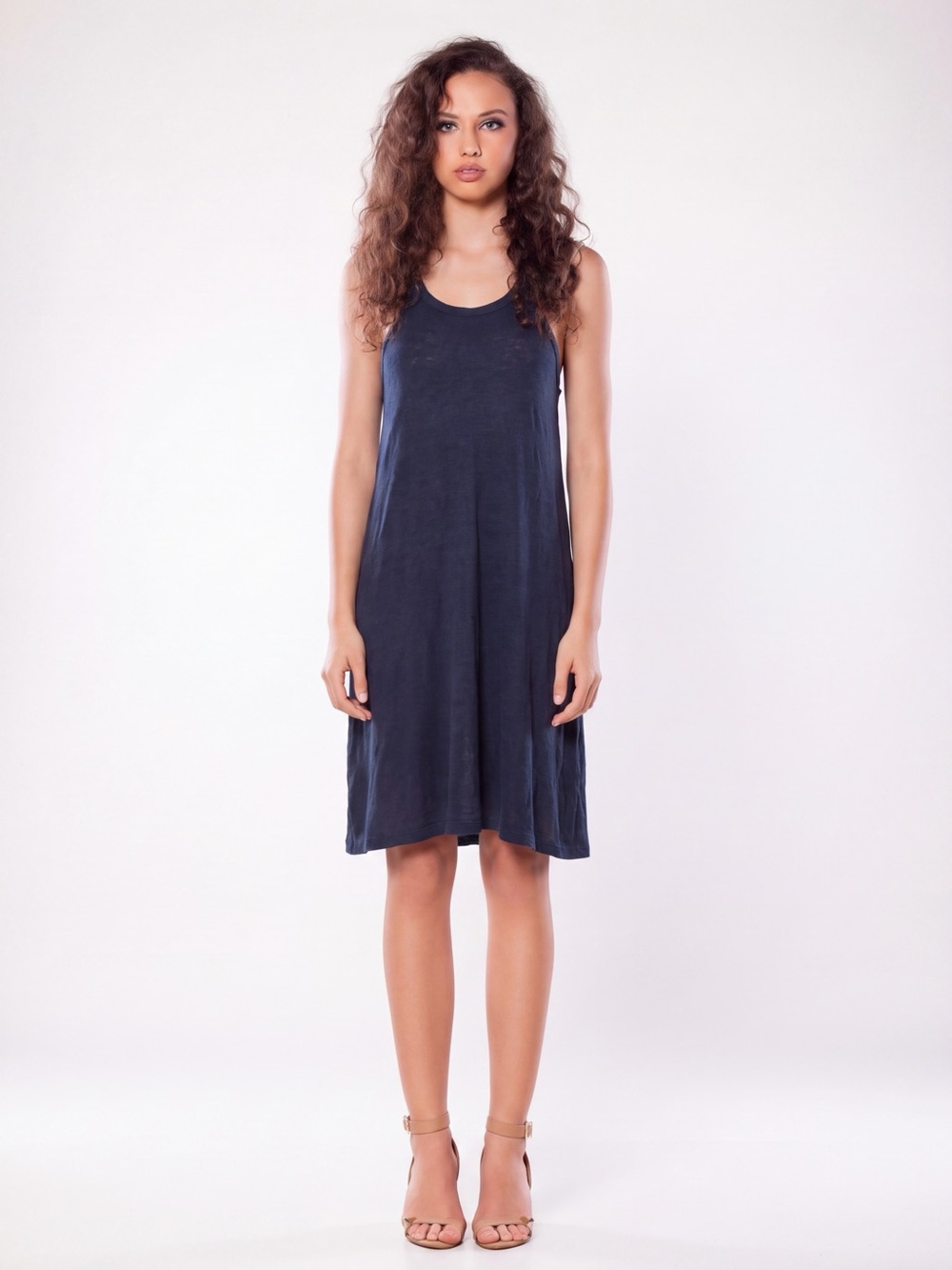 NWT LACAUSA LA20119 Hemp Organic Cotton High Neck Petal Swing Dress Navy Small